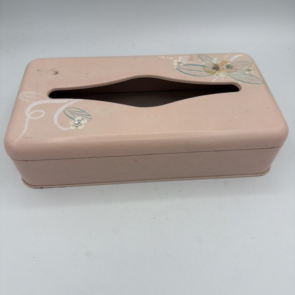 Vintage Ransburg Pink Cottage Tole Painted Metal Tissue Kleenex Box Holder MCM